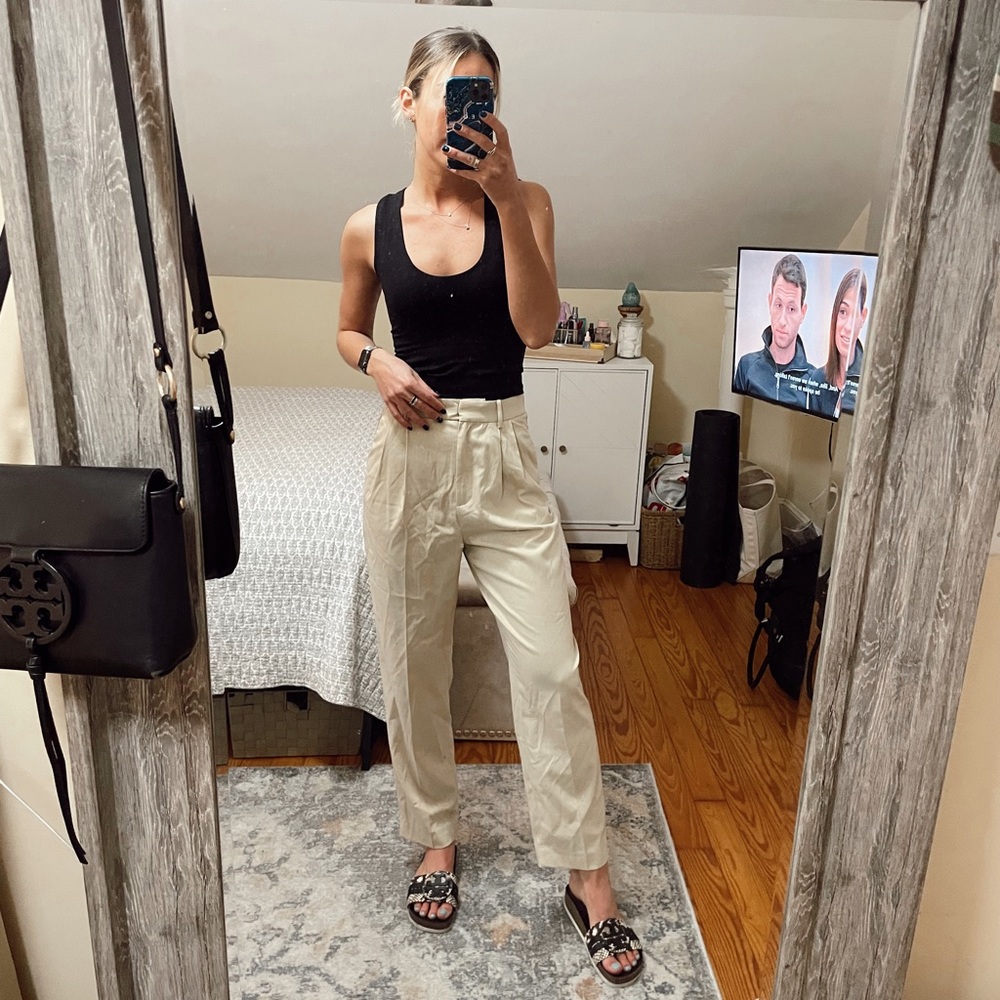 H&M Cream High-Waist Pleated Trousers